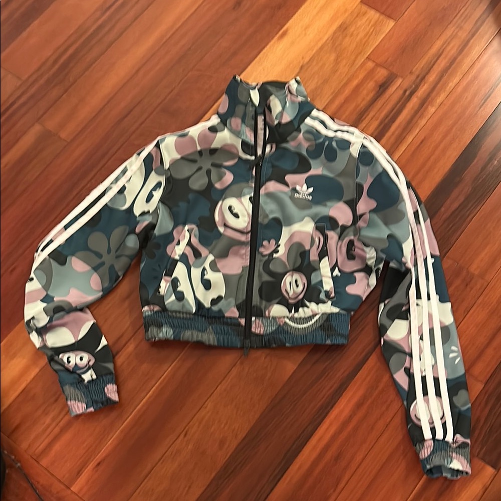 Adidas Green, White and Pink Crop Zippered Jacket Sporty Style